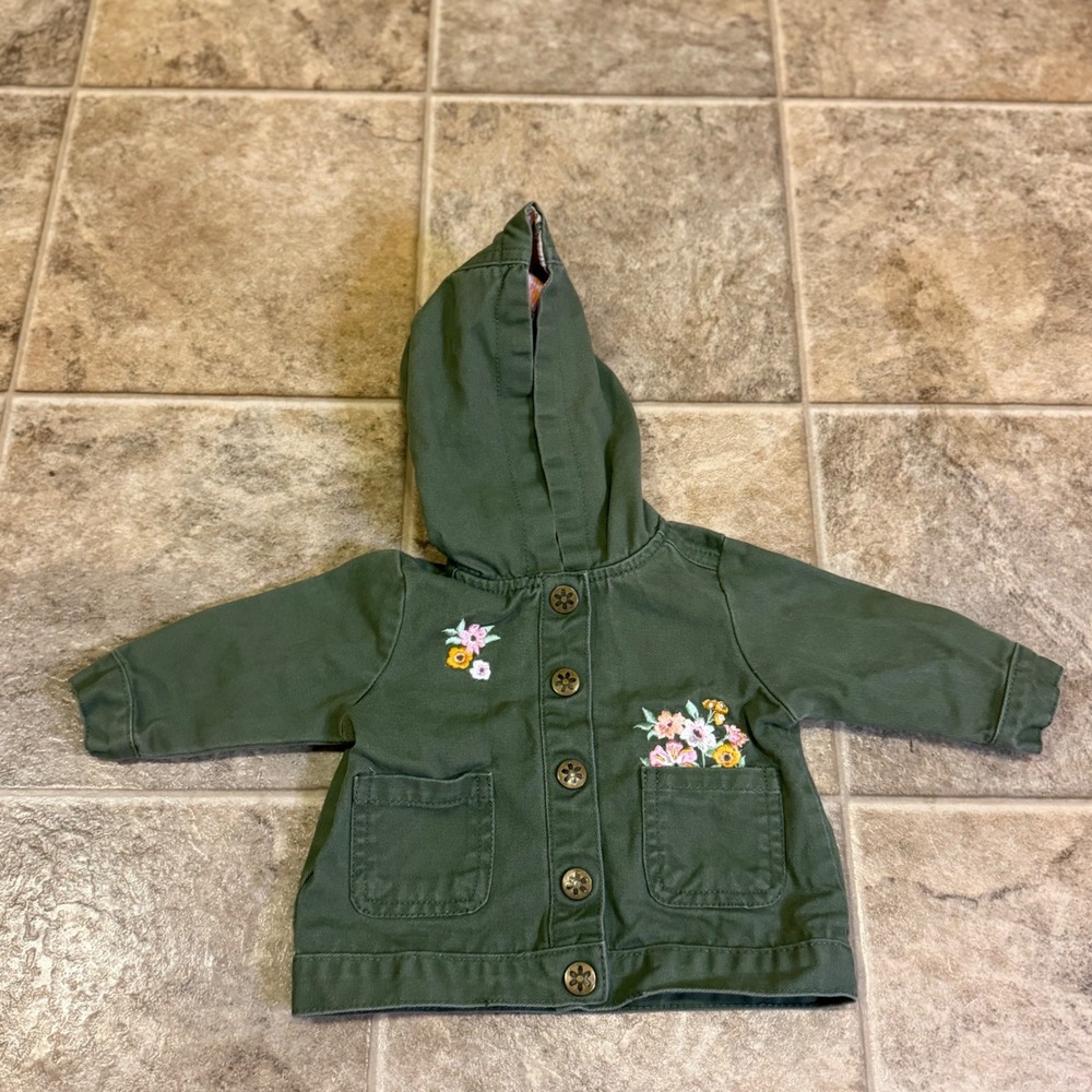 Daisy Fuentes Baby Girls Olive Green Floral Embroidered Hooded Jacket 0-3M